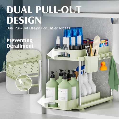 VERIFOST Under Sink Organizer, 2 Pack Under Kitchen Bathroom Cabinet Organizer, 2 Tier Under Bathroom Kitchen Sink Organizer, Adjustable Height Bathroom Kitchen Cabinet Organizers and Storage, Green - color: Green