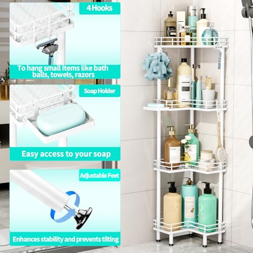 HapiRm Corner Shower Caddy Organizer - 4 Tier Shower Shelf Corner with Soap Holder, Rustproof Bathroom Standing Organizer with 4 Hooks, White - color: White, size: 4-tier