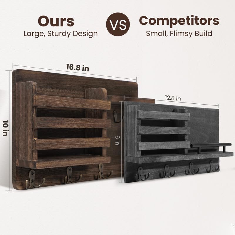 Nekon Mail Holder for Wall Mail Organizer with Key Hooks Hallway Farmhouse Decor Storage Racks with Floating Shelf and Flush Mount Hardware (16.8Inch x 10Inch x 3.2Inch) - color: Brown