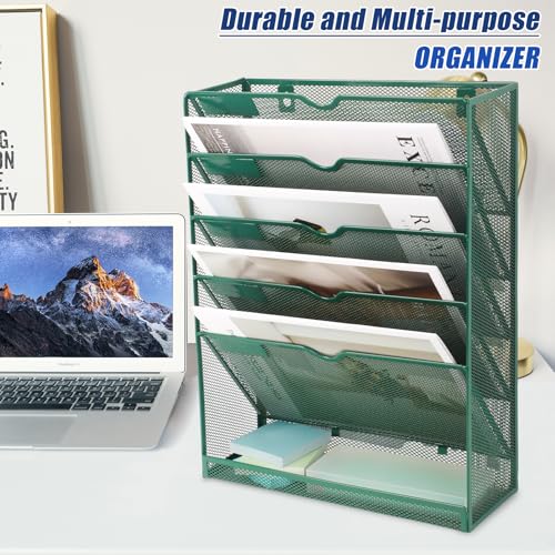 EASEPRES 6 Tier Desk File Organizer, Mesh Hanging Wall Mount Document Organization Stand, Desktop Vertical Mail Paper Folder Holder Rack with Bottom Tray for Office Cubicle, Sides Closed, Dark Green - color: Dark Green, size: 6 Tier Upgrade