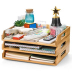 Okllen 3 Pack Stackable Paper Trays, Bamboo Desk Letter Tray Set, 3 Tier File Document Organizer Tray for A4 Paper, Magazine, Receipts, Office Supplies