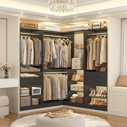 Unikito 86" Corner Closet System, Modular Closets Organizer with 4 Hanging Rods and Storage Shelves, Freestanding Adjustable Wood Clothes Garment Rack with Drawers, Sturdy Walk in Closet Tower, Black - color: Black, size: 86 Inch