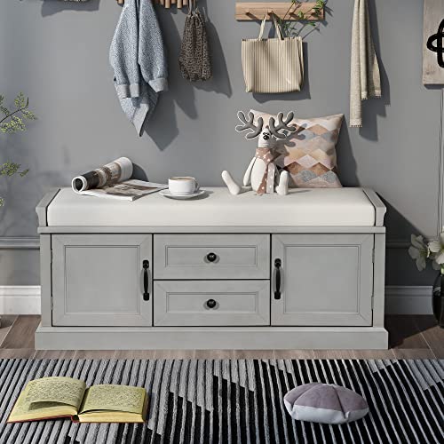P PURLOVE Rustic Storage Bench Wood Entryway Storage Bench with 2 Cabinets and 2 Drawers, Wood Shoe Bench Storage Bench with Removable Cushion for BeadRoom,Hallway, Entryway,Assemble Required - color: Gray Wash, size: with 2 Drawers and 2 Cabinets