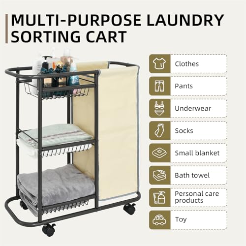 Rolling Laundry Basket with 3 Storage Baskets and 45 L Bag, Heavy Duty Laundry Cart with Wheels and Handle, Space Saving Laundry Room Organization for Bathroom Living Room Apartment Dorm - color: Beige