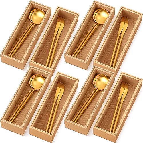 Kigley 8 Pieces Bamboo Drawer Organizer Kitchen Utensils Wooden Utensil Stackable Wooden Storage Box Bamboo Silverware Tray for Drawer(9 x 3 x 2 Inch,Wood) - size: 9 x 3 x 2 Inch