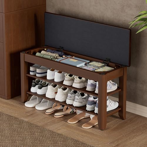 Homleke Shoe Rack Bench with Flip-Top Storage, Solid Wood Entryway Bench with Cushion, Adjustable Shelf, for Hallway, Mudroom, Closet – Walnut, 31.5" - color: Walnut, size: 31.5"