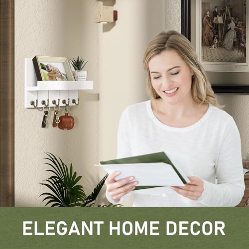 Rebee Vision Key Holder for Wall - Decorative Mail Organizer Wall Mount with 5 Key Hooks for Modern Farmhouse Apartment Essentials - Home Decor for Living Room (Rustic White, 3.54"D x 10"W x 7.28"H) - color: White, size: 10 Inch