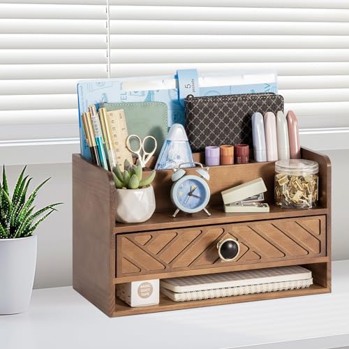 dreampossible Brown Wood Desk Organizer and Accessories with Drawer, Bill Mail Organizer and File Mail Holder for Office Supplies, Desk Accessories & Workspace Organizers - color: Brown