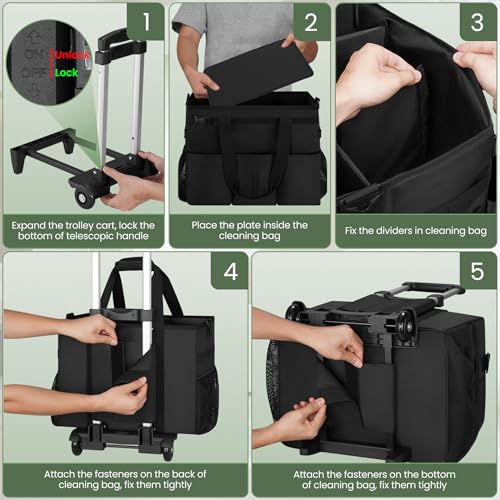 Large Rolling Cleaning Caddy with Detachable Trolley, Cleaning Supply Organizer Bag with Wheels & Multi-Pockets, Water-Resistant Cleaning Cart on Wheels for Housekeeping, Cleaner
