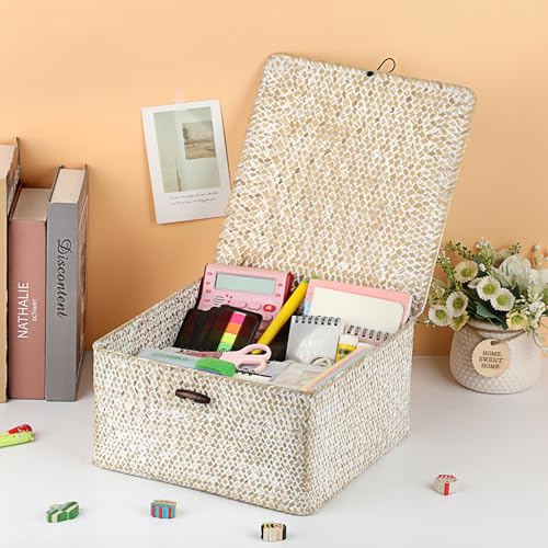 Hipiwe Wicker Shelf Basket Bin Square Handwoven Seagrass Storage Basket with Lid Home Organize Box for Bookshelf Living Room Bath Room Multipurpose Basket Container, Whitewash Large - color: Whitewash color, size: Large