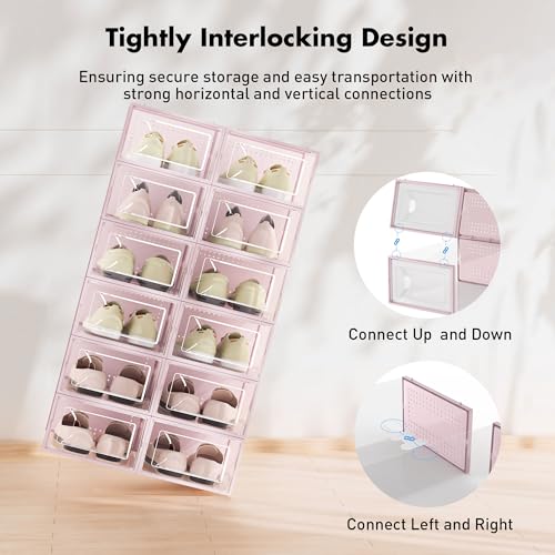 Foluck Shoe Storage Box, 15 Pack Clear Plastic Stackable Shoe Organizer for Closet, Interlocking Design Shoe Container Bins for Sneakers, Foldable Shoe Rack with Lids, Pink - color: Pink