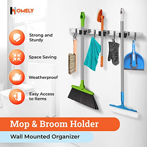 Homely Center Mop and Broom Holder Wall Mount – Heavy-Duty Closet Organizer for Garage, Kitchen, Laundry Organization – Tool Hanger with 3 racks and 4 hooks