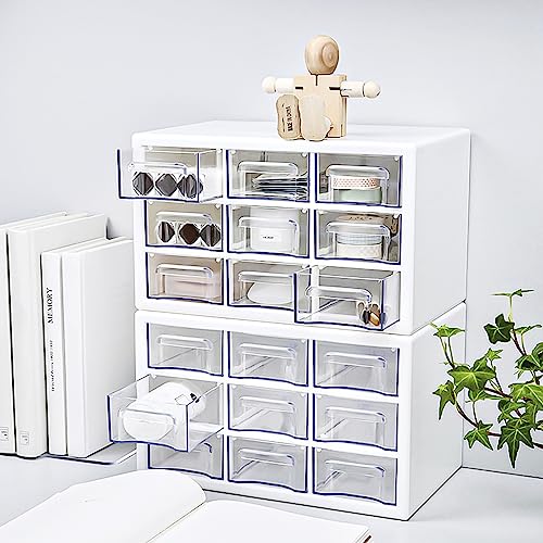 Desk Storage Organizer with 9 Drawers, FODIENS Stackable Desktop Craft Drawer Cabinet, Clear Storage Box Caddy for Makeup Jewelry Office Craft Supplies (9.84×6.3×5.9in) (White) - color: White