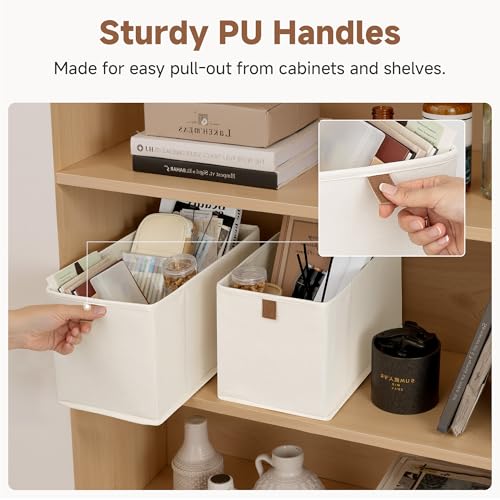 StorageWorks Small Storage Bins, Fabric Storage Bins, Narrow Baskets for Shelves with PU Handle, Perfect for Clothes, Towels, and Light Blankets, Beige, 4-Pack - color: Beige, size: 7.75'' Width (4 Pack)