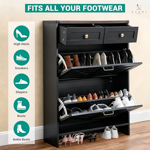 Naomi Home Berenice 32.68" Farmhouse Shoe Cabinet for Entryway with 2 Flip Drawers and 2 Storage Drawers - Slim Narrow Shoe Storage Cabinet, Black Shoe Organizer Cabinet - color: Black