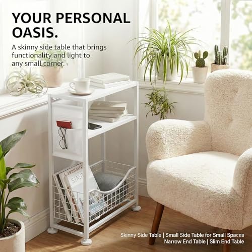 Skinny Side Table with Storage, 3 Tier Slim Side Tables for Small Spaces, Skinny End Table Narrow Bedside Table Narrow Side Table for Living Room, Bedroom - color: White
