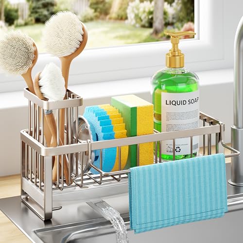 HapiRm Sponge Holder for Kitchen Sink - Self-draining Sink Caddy with Brush Holder and Dishcloth Holder, Stainless Steel Kitchen Organizer for Countertop - Brushed Nickel - color: Brushed Nickel, size: with Dishcloth Holder