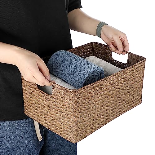 Hipiwe Seagrass Storage Baskets Bin for Shelf Organizing Rectangular Wicker Basket with Handle Handwoven Opened Baskets Bin Decorative Basket Box for Closet Bedroom Organizer - color: Coffee, size: Medium,13.4"x9.4"x 6.7"