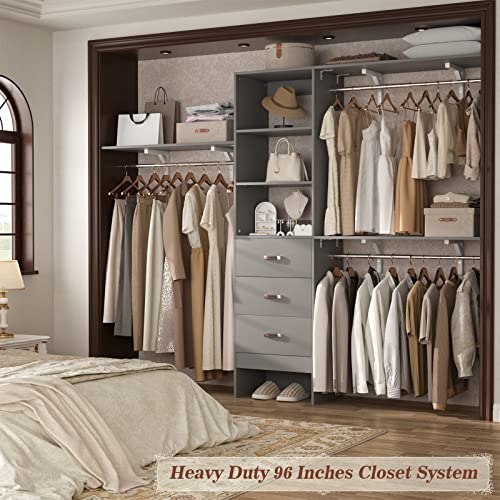 Armocity 96 Inches Closet System, 8FT Walk In Closet Organizer with 3 Shelving Towers, Heavy Duty Clothes Rack with 3 Drawers, Built-In Garment Rack, 96" L x 16" W x 75" H, Max Load 1000 LBS, Grey - color: Grey