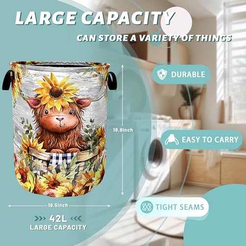 Cute Sunflowers Small Cow Laundry Basket Foldable With Handles Tote Bag Oxford Cloth Funny Laundry Hamper Clothes Storage Bucket Toy Organizer 18.9" x 16.5" For Bathroom/Laundry/Bedroom - color: Cute Sunflowers Small Cow