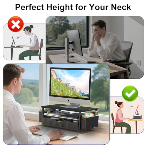 Spacrea Desk Organizer and Accessories, Computer Monitor Stand Riser with Drawer and 2 Pen Holders, Office Desk Accessories & Workspace Organizers for Office Supplies (Black) - color: Black
