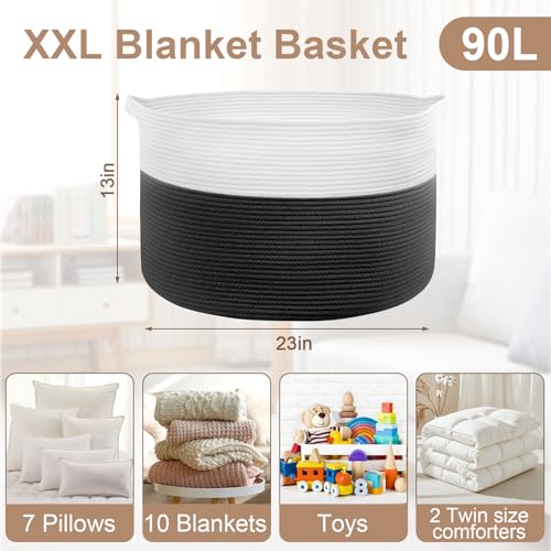 XXL Large Laundry Basket, 90L Soft Cotton Rope Basket, Blanket Storage and Organizers, Baby Nursery Laundry Hamper, Extra Large Toys Storage Bins for Kids 23'' x 13'', White & Black - color: Black & White, size: 90L