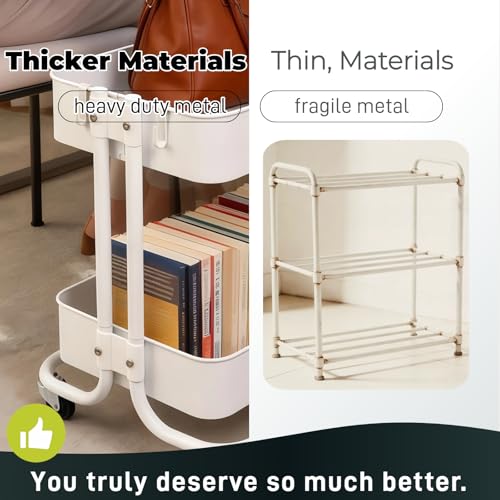 2 Tier Under Desk Storage Cart with Wheels Heavy Duty Metal Short Rolling Pantry Storage Cart for Small Space, Utility Trolley for Kitchen Bathroom Laundry Cute Snack Craft Organizer, White - color: White-1