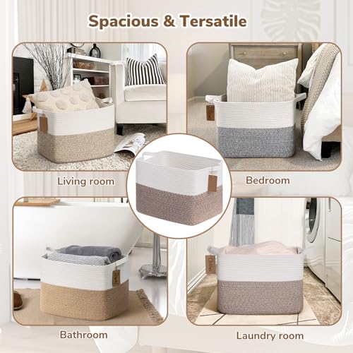 Goodpick Woven Storage Baskets for Organizing 18" x 14" x 12" Large Blanket Basket for Living Room Bedroom, Rectangle Cotton Rope Basket with Handles, Toy Baskets Storage Kids, Brown - color: Brown, size: 18"L x 14"W x 12"H