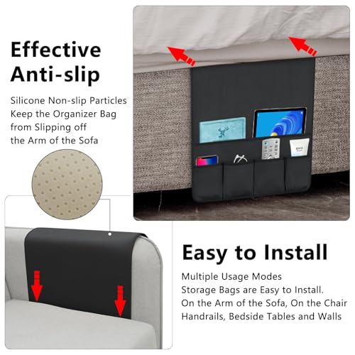 TV Remote Control Holder Couch Caddy, Non-slip Bedside Caddy Organizer with 5 Pockets for Key Glasses Phone Magazine Holders (Black, 35''x18'') - color: Black, size: 35''x18''