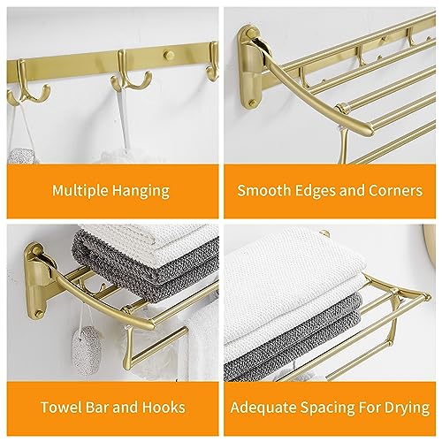 BESy 24 Inch Brushed Gold Towel Racks, Bathroom Towel Shelf with Foldable Towel Bar Holder and Towel Hooks, Wall Mounted Multifunctional Bathroom Accessories, Double Towel Bars - color: Brushed Gold
