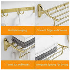 BESy 24 Inch Brushed Gold Towel Racks, Bathroom Towel Shelf with Foldable Towel Bar Holder and Towel Hooks, Wall Mounted Multifunctional Bathroom Accessories, Double Towel Bars - color: Brushed Gold