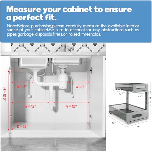 2 Pack 17IN Depth Under Sink Storage Organizer, Large 2-Tier Elegant Mesh Pull Out Shelf for Kitchen and Bathroom Cabinet Organization, L-Shaped and Adjustable Height Design-Gun Gray - color: Gun Gray, size: 2 Pack-17"Dx11.4"-16.14"H