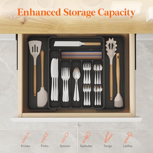 Lifewit Utensil Organizer for Kitchen Drawer, Expandable Cooking Silverware Tray, Adjustable Cutlery Flatware Holder, Plastic Spatula Tools Storage Divider, 11.8-19.6 x 15", Black - color: Black, size: L (11.8-19.6"W × 15"D )