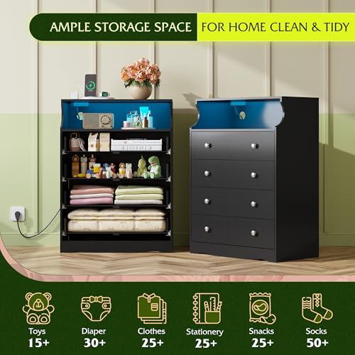 WLIVE Black LED Dresser for Bedroom, Tall Wood Dresser with 4 Drawers and Open Shelf, Chest of Drawers with Power Outlet for Living Room, Hallway, Closet - color: Black, size: 4 Drawers