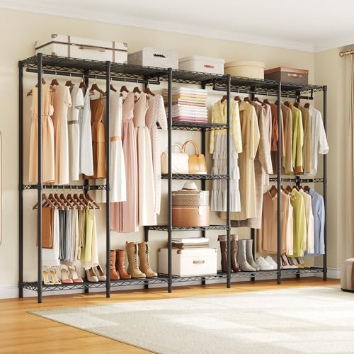 ONBRILL F5 Extra Large Industrial Pipe Clothing Rack, Freestanding Portable Closet Organizer System with Shelves & Hanging Rods, 88.6'' Wide Heavt Duty Clothes Rack, Max Load 1300lbs, Black - color: Black