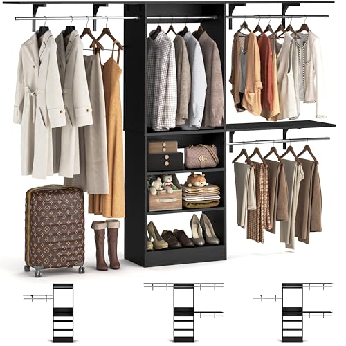 iSunirm 8FT Closet System with Shelves, 96'' Closet Organizer System with 3 Hanging Rods, Wall Mount Bedroom Wardrobe Walk-in Closet, Adjustable Cloth Garment Rack from 5 to 8FT (Cut to Fit), Black - color: Black