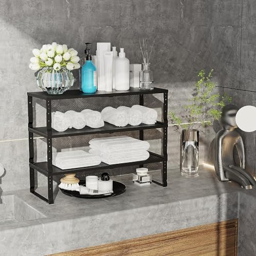 Jojocross Expandable Cabinet Shelf Organizer Storage Spice Rack Shelves for Kitchen Stackable Adjustable Pantry Cupboard Bathroom Countertop Desktop(2Packs/Black/Large-with Hole) - color: 2 Packs/Black With Hole, size: LARGE:10.1"D x 16.6~26.5"W x 6.1"/7.