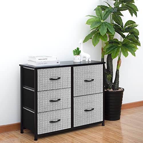 Storage Dresser Furniture Unit-Large Standing Organizer Chest for Bedroom, Office, Living Room, and Closet-5 Drawer Removable Fabric Bins, Grey with Black