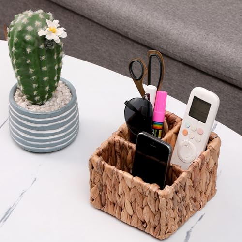 Wicker Remote Control Holder Hand Woven Water Hyacinth Storage Basket with 3 Compartments,Cosmetic Storage Box for Desk,Home Organization