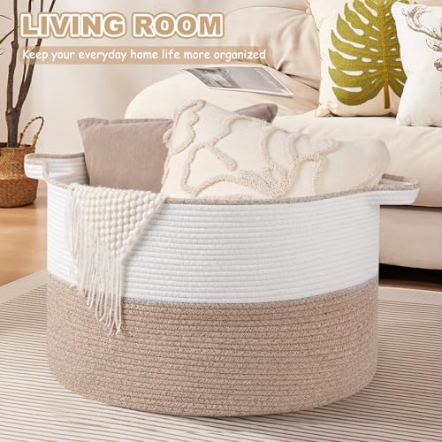 OIASKET XXL Large Blanket Basket with Handles, 105L Woven Storage Basket for Living Room, Cotton Rope Baby Toy Storage for Clothes, Pillows, Towels-Brown & White - color: Brown & White, size: 105L