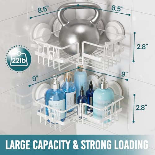 TAILI Corner-adaptive Suction Cup Shower Caddy 2 Pack, Stainless Steel Rustproof Corner Shower Shelves, Drill-Free Wall Mounted Baskets, Large Capacity Removable Suction Cup Bathroom Organizer, White - style: Corner-adaptive, White