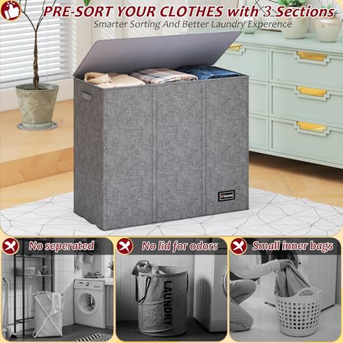 195L Laundry Hamper 3 Section,Large Laundry Hamper with Lid,Dirty Clothes Hamper with 3 Inner Bags,Collapsible Laundry Basket Organizer for Laundry Room,Bedroom,Laundry Sorter Hamper 3 Compartment - color: Grey, size: 195L