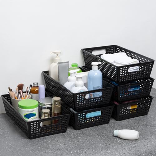 Tiawudi Stackable Woven Plastic Basket, Storage Bins for Cabinet, Closet, Shelf, Under Sink and Countertop, Pantry Organizer Bins, 6 Pack - color: Black