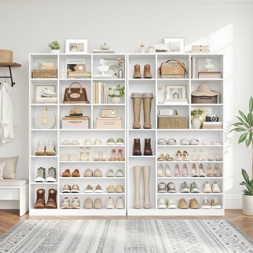 Keyluv 74" Tall Shoe Cabinet with Adjustable Shelves, 6-Tier Shoe Storage Organizer with 12 Cubes for up to 27 Pairs, Free-Standing Shoe Rack for Closet, Hallway, Entryway & Living Room, White - color: White