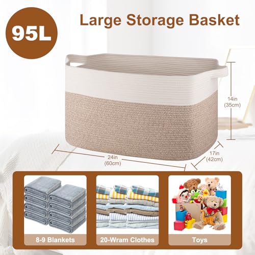 Extra Large Laundry Basket, 95L Blanket Basket for Living Room, Cotton Rope Toy Storage for Kids, Woven Baskets for Clothes, Towels, Pillows, 24" x 17" x 14", Brown and White - color: Brown & White, size: 24"x16.9"x14.2"