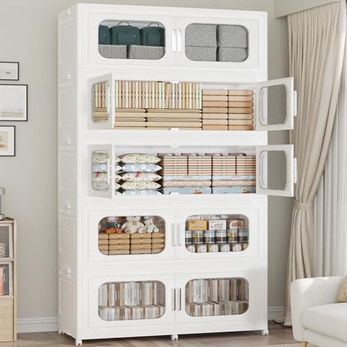 250Gal Extra Large Stackable Storage Bins with Lid & Wheels & Doors, 200QT/50GAL 5-Tiers Collapsible Closet Organizers Plastic Containers Drawers Boxes for Home Kitchen Bedroom, White - color: White, size: 50Gal-5Pack