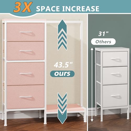 HIGDBFE Dresser with Hanging Rack, 4 Drawers Small Closet for Bedroom, Reversible Fabric Kids Chest of Drawers with Clothes Rack, Tall Storage Tower, Sturdy Frame, Pink, 44''H - color: Pink