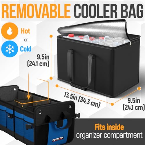 FORTEM Trunk Organizer with Cooler For SUV Car Organizer and Storage, Collapsible Multi-Compartment, Perfect Christmas Gifts For Men, Women, 1680D Oxford, Non Slip Bottom, Straps, Soft Cover 110L - color: Blue, size: Double Extra Large (110L)