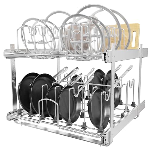 2-Tier Kitchen Pull out Cabinet Organizer for Pots, Pans, and Lid Cookware, Adjustable Heavy Duty Wire Pan and Pot Rack, Full-Extension Rail 21" W *22" D - size: 21W*22D