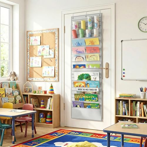 Over The Door File Organizer with 26 Large Pockets, Office Hanging Magazine Holder, 600D Oxford Fabric Tear-Resistant Door Organizer for Mail Paper Documents,Magazine Rack for Office Home School(Gray) - color: Gray